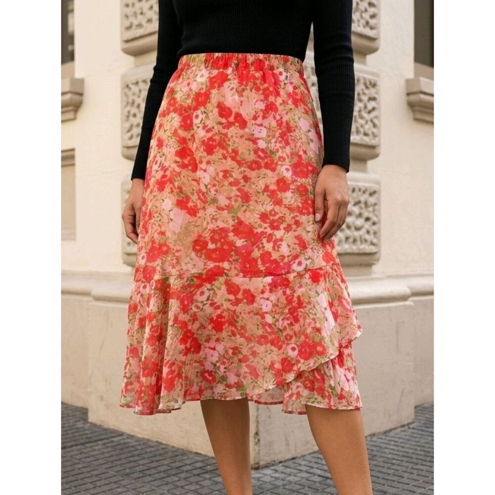 Kim Rogers Coral Floral Chiffon Midi Skirt Ruffle Hem A-Line Side Zip Medium